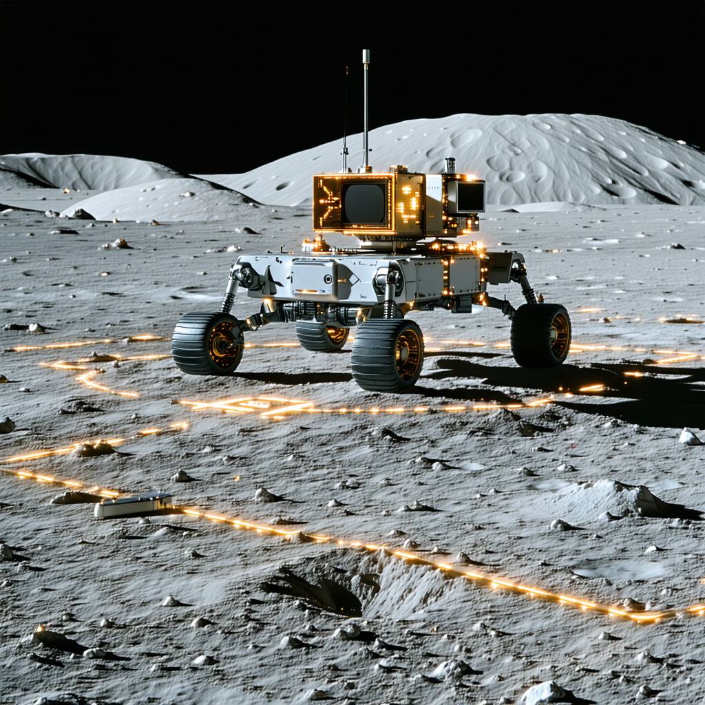 A White Robotic Vehicle, Possibly A Rover, Driving Across A Rocky Terrain