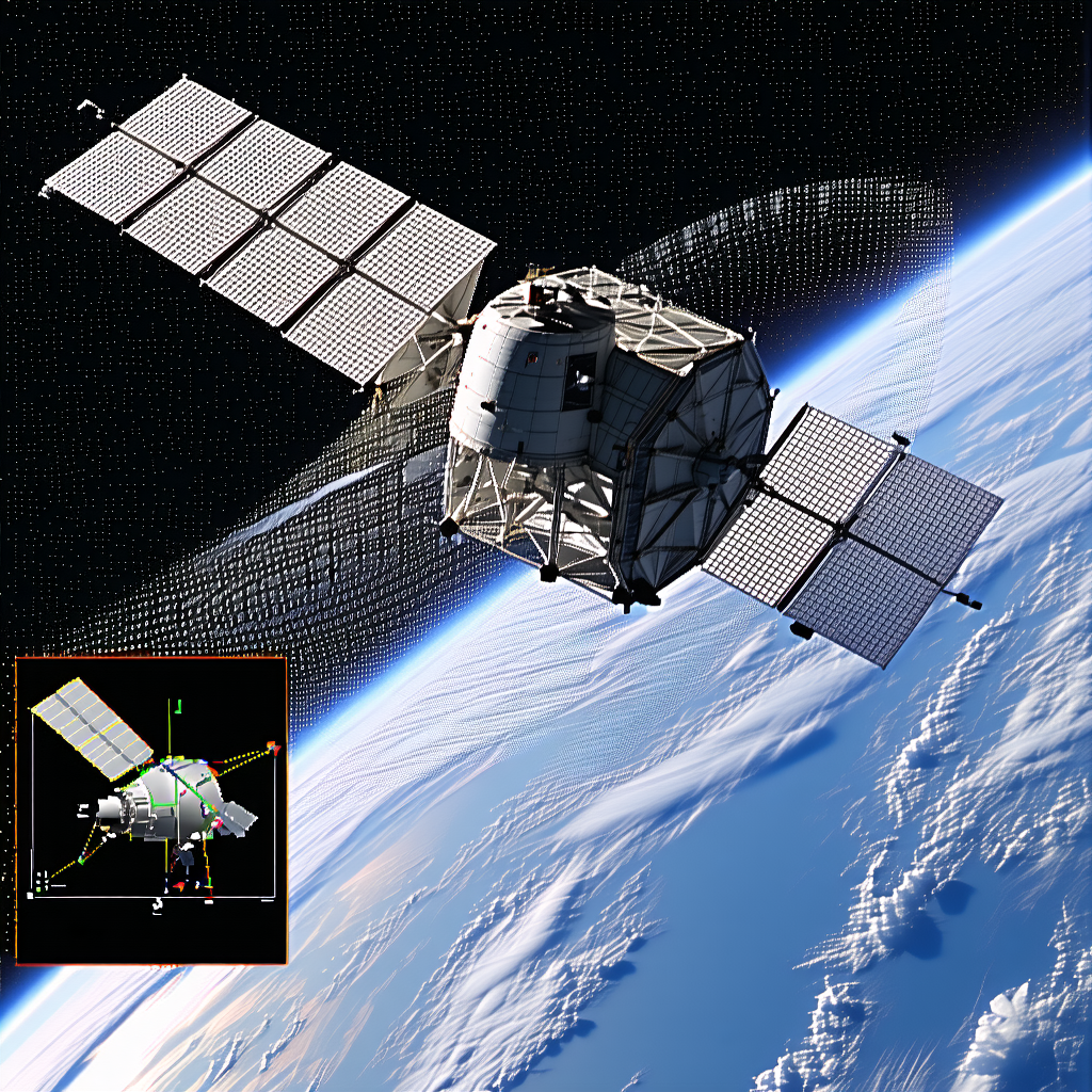 A Spacecraft Is Shown In A Close-up View, With A Large Satellite Dish On The Front