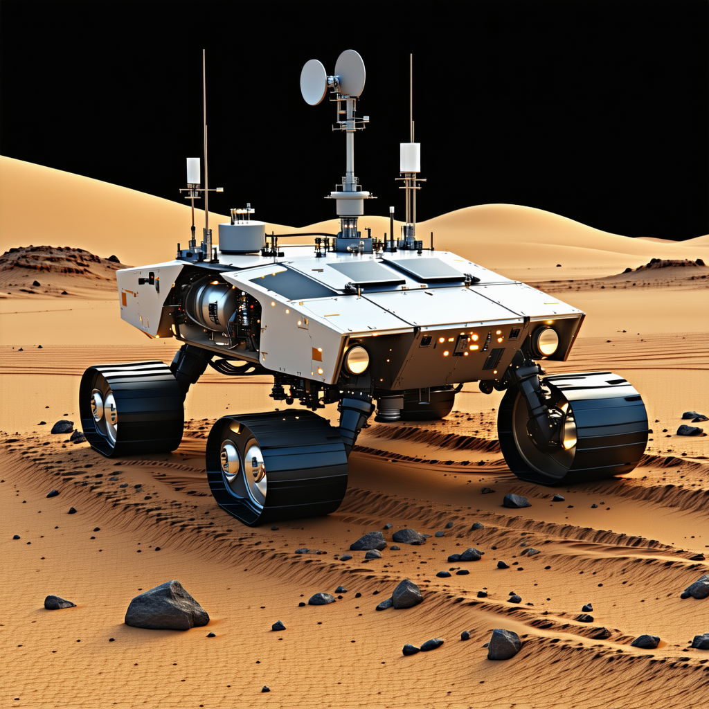 A Futuristic Vehicle Is Driving Across A Rocky Terrain