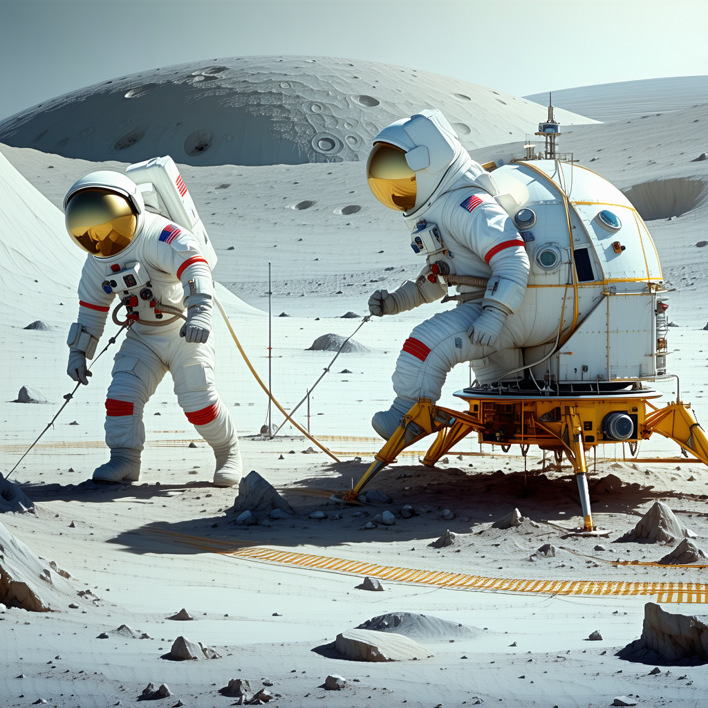 In The Image, There Are Two Astronauts Standing On A Rocky Surface, Possibly On The Moon