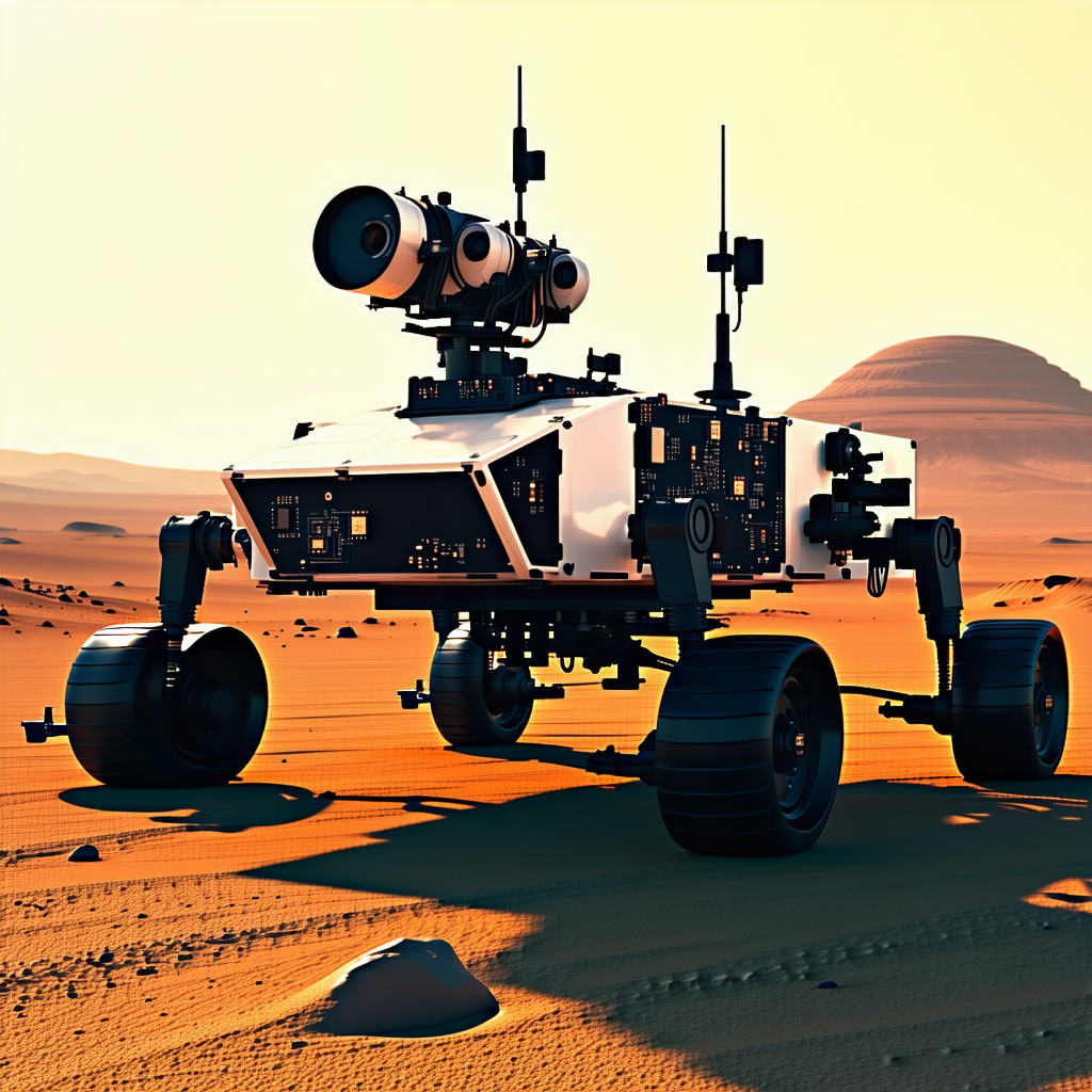 A Large Robotic Vehicle With A White And Black Color Scheme, Sitting On A Sandy Surface