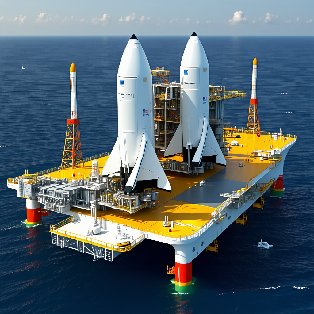 A Large White Space Shuttle Docked On A Yellow Platform In The Ocean