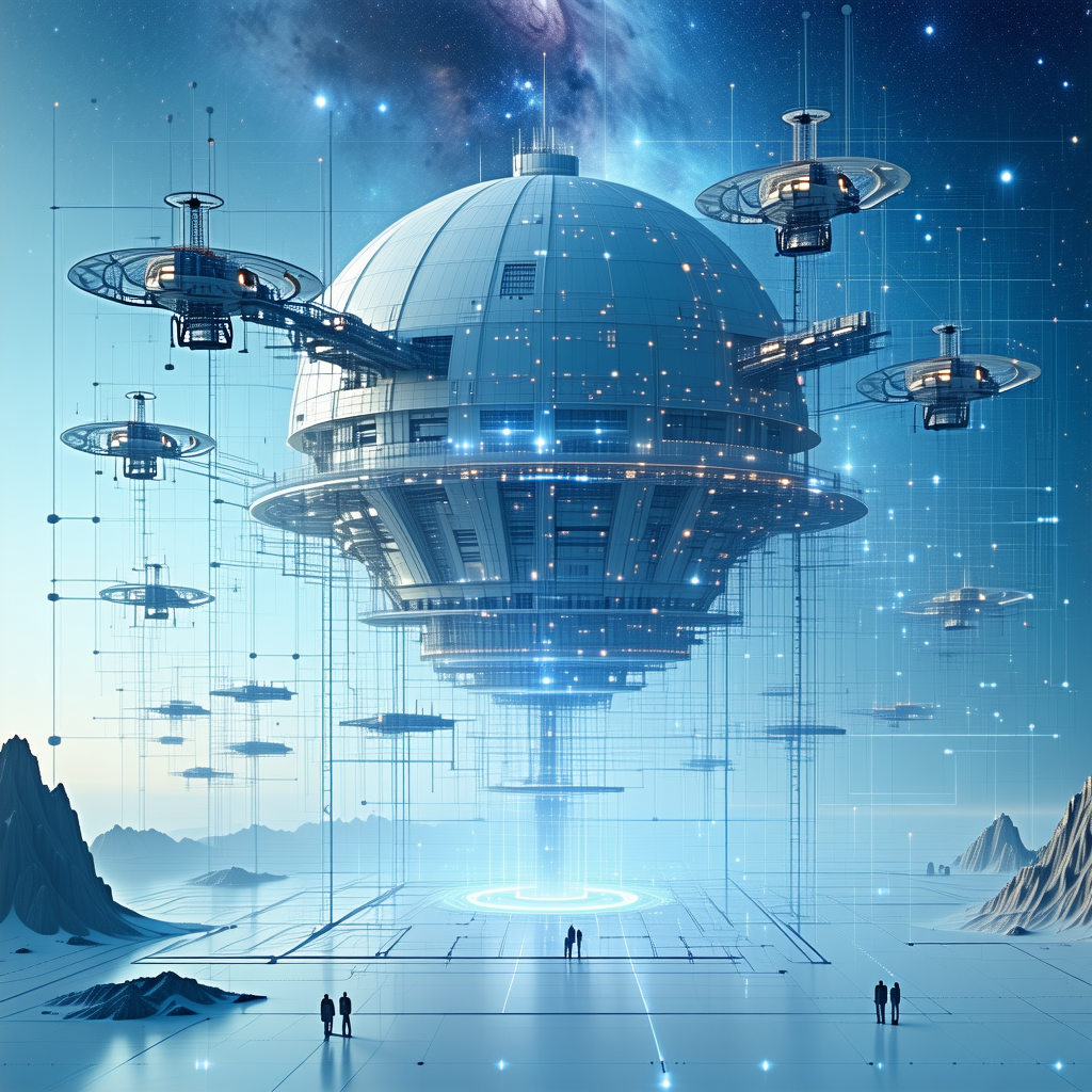In This Image, There Is A Large, Futuristic Spacecraft Floating In The Sky