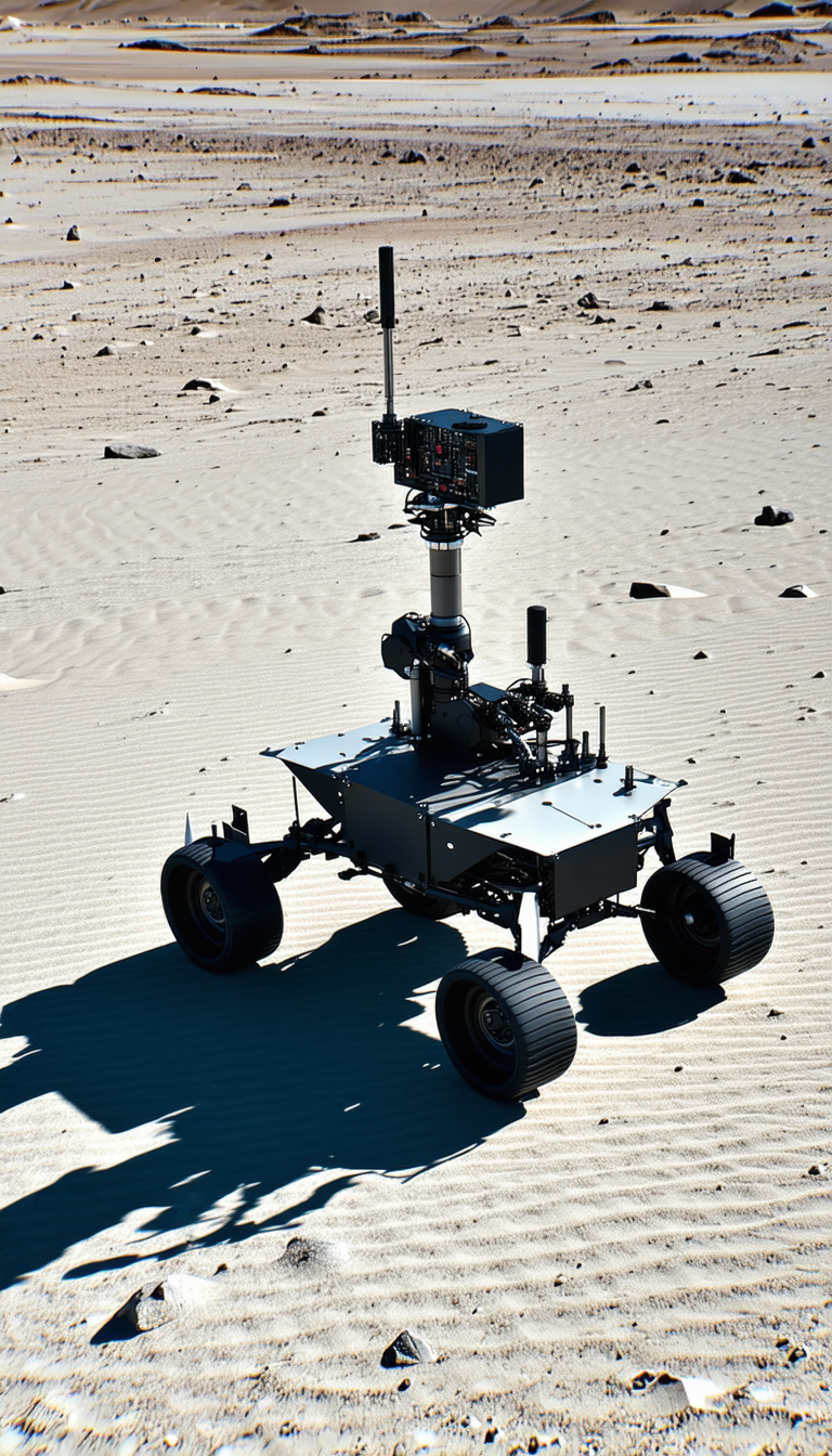 A Robotic Vehicle, Possibly A Rover, Sitting On A Sandy Surface