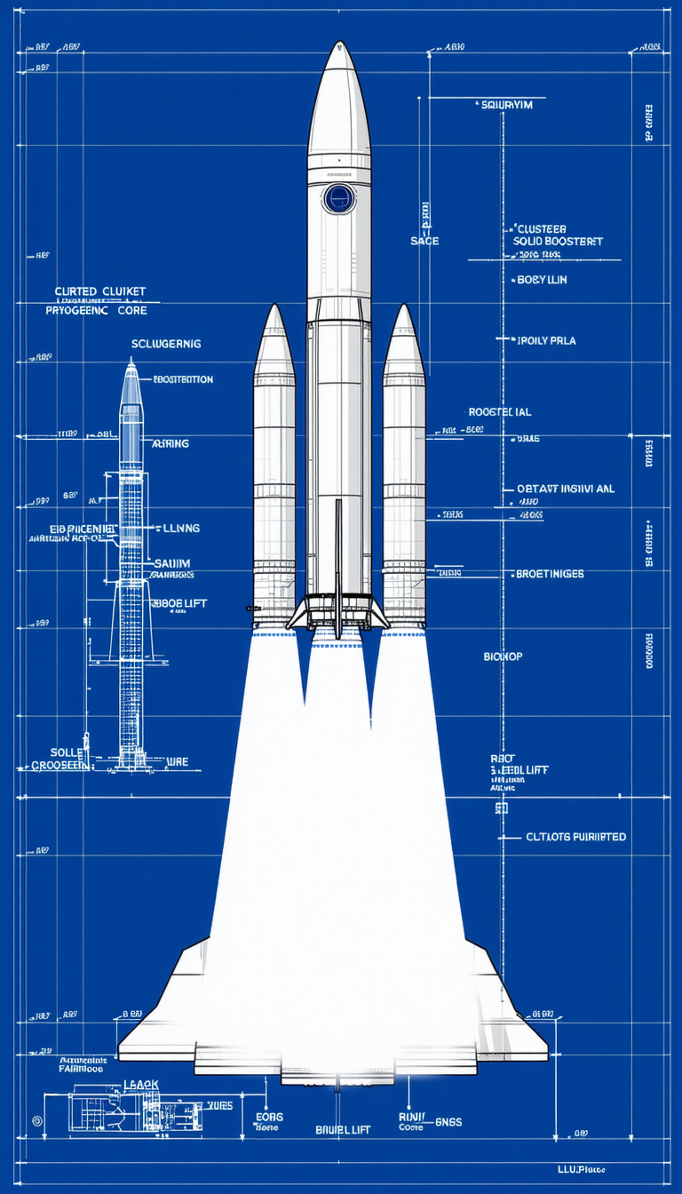 A Large Rocket Is Shown In A Blue And White Drawing