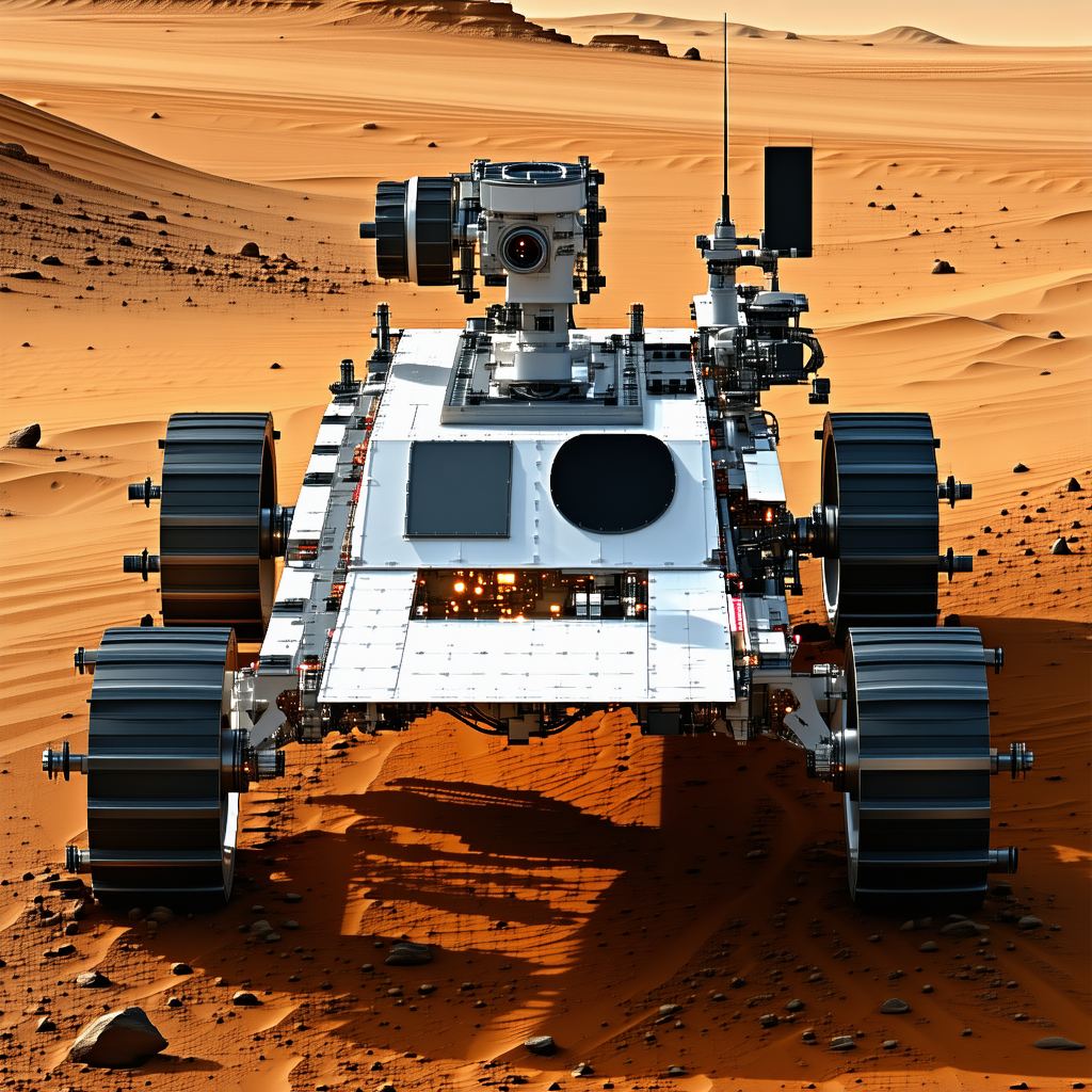 A White Robotic Vehicle Is Driving Across A Red Dirt Field