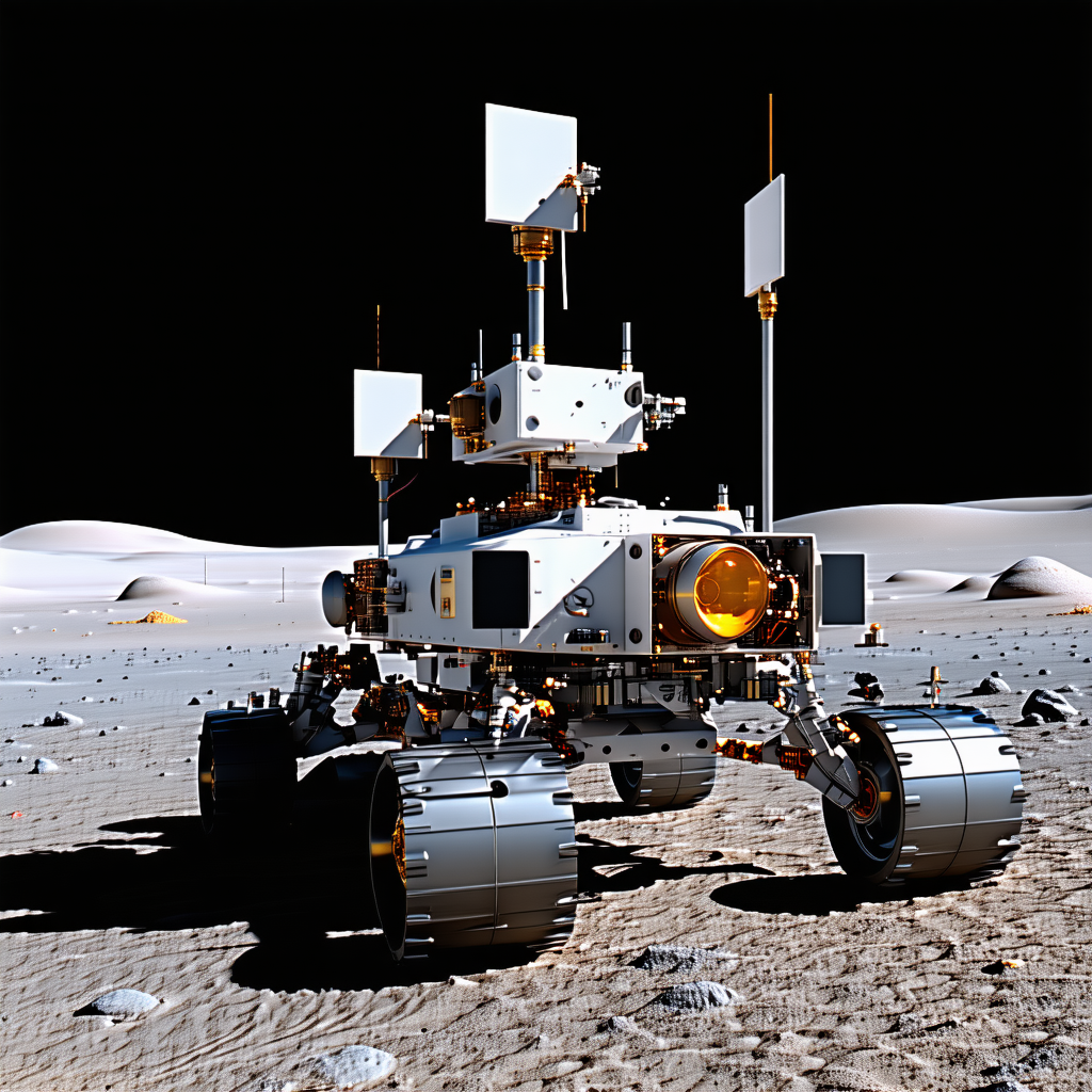 A White Robotic Vehicle With A Large Antenna On Top, Parked On A Rocky Surface