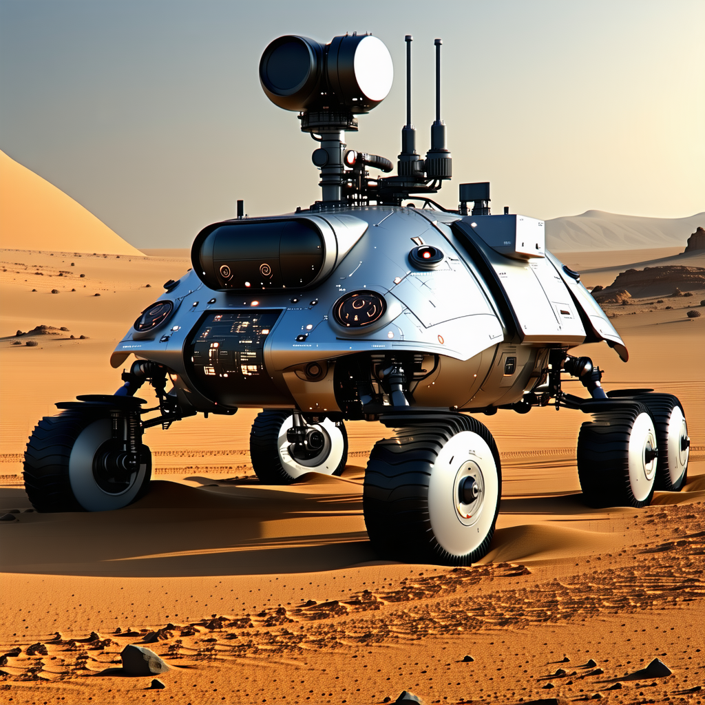 A Futuristic Vehicle Is Parked In A Desert-like Environment