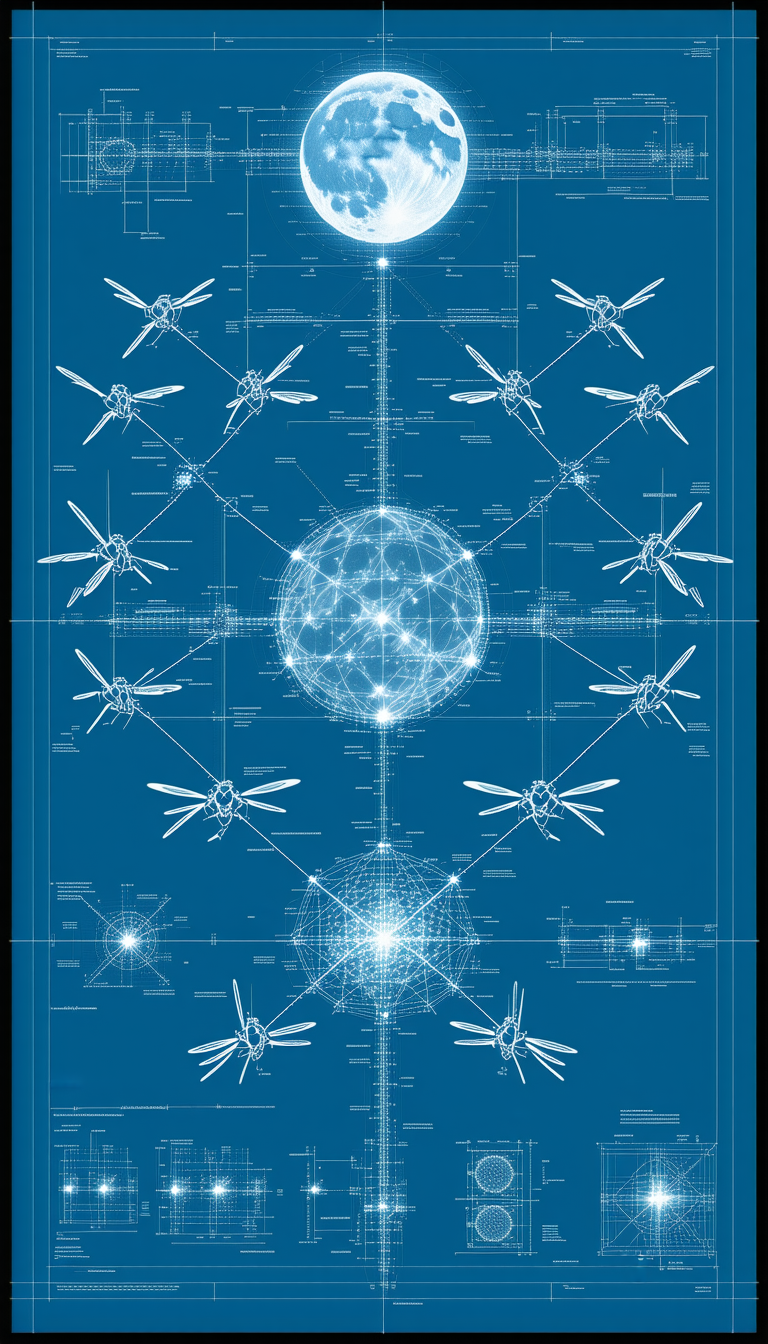 A Blue Poster With A Drawing Of A Sphere And Multiple Wings Is Displayed