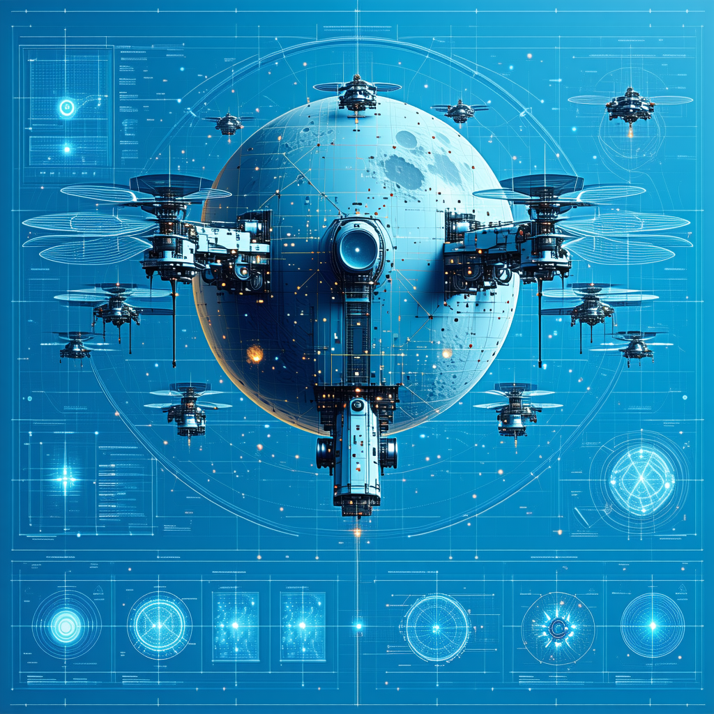 A Blue And White Illustration Of A Spacecraft Is Shown, With A Large Blue Circle In The Center
