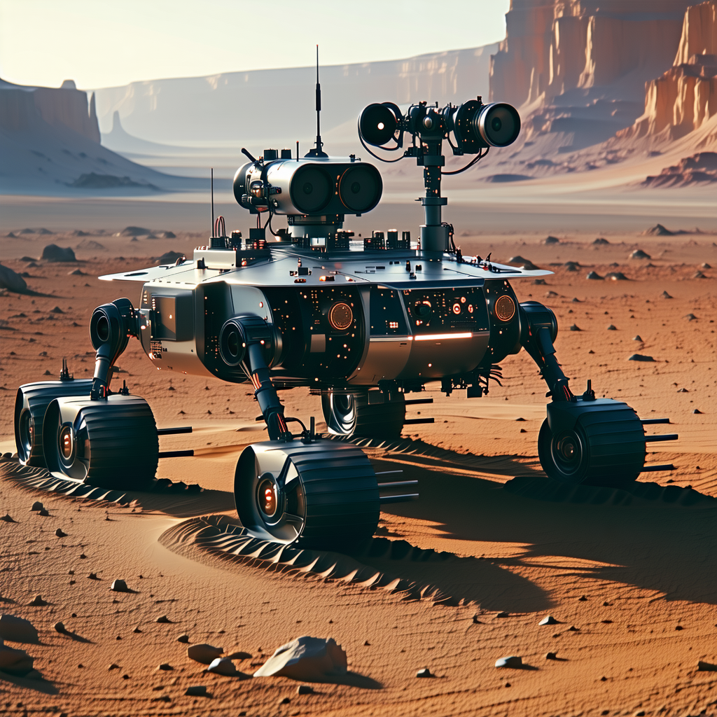 A Futuristic Robotic Vehicle, Possibly A Tank Or A Rover, Parked On A Dirt Surface