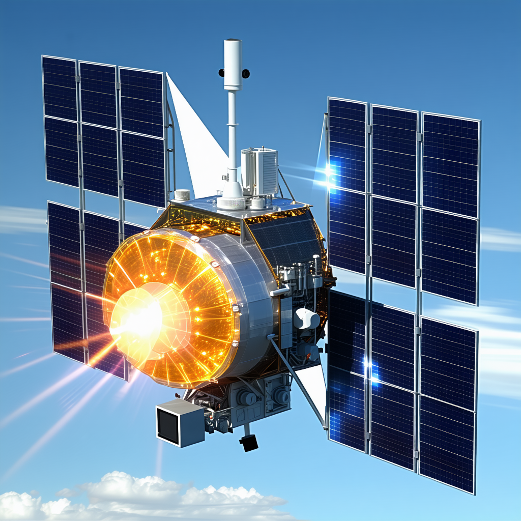 A Spacecraft Is Shown In A Blue Sky, With A Large Solar Panel On The Side