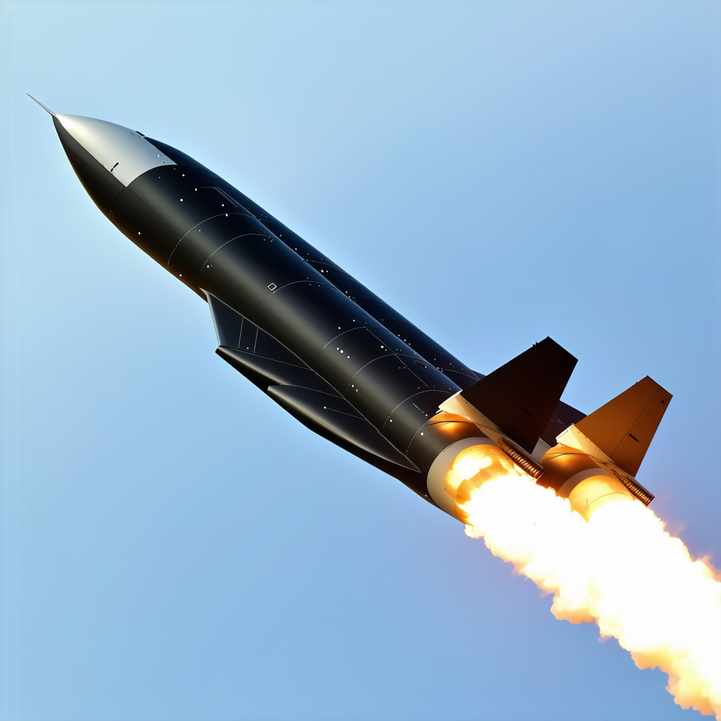 A Black Rocket Is Flying Through The Sky, Leaving A Trail Of Smoke Behind It