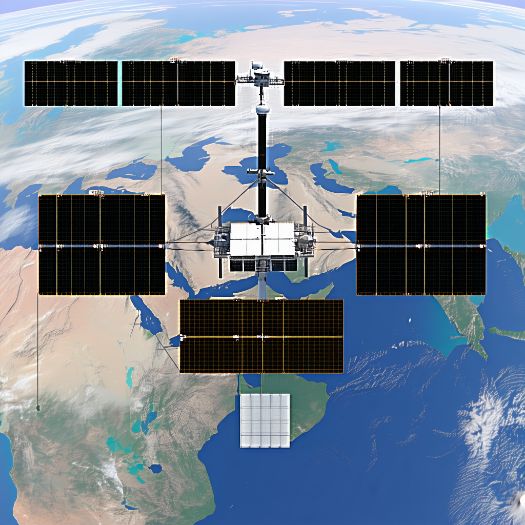 A Satellite Is Seen In The Sky, With A Large Globe Of The Earth Beneath It