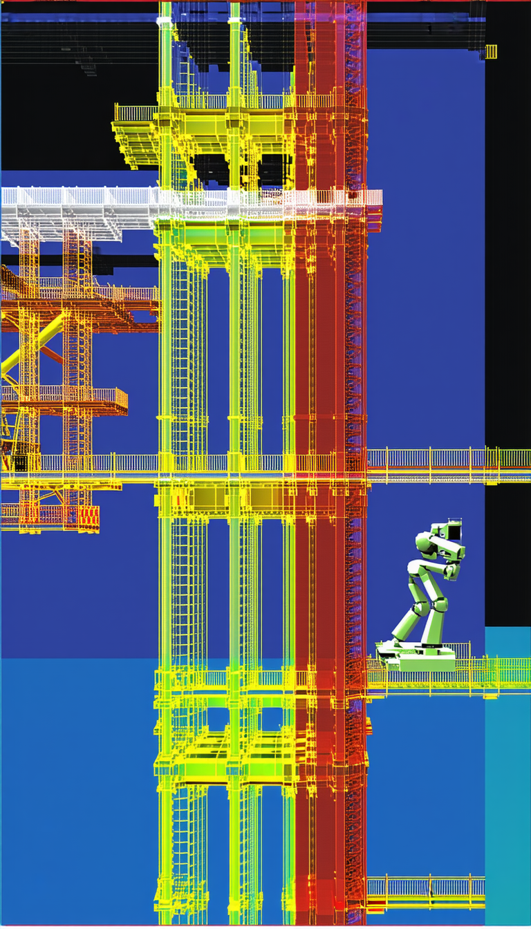 A Robot Is Standing On A Yellow And Red Structure, Which Appears To Be A Part Of A Large Building