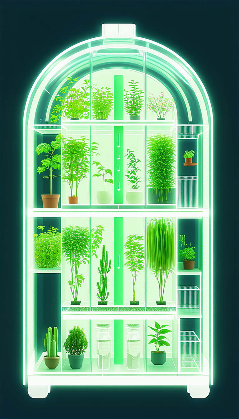 In The Image, There Is A Large Display Case Filled With A Variety Of Plants