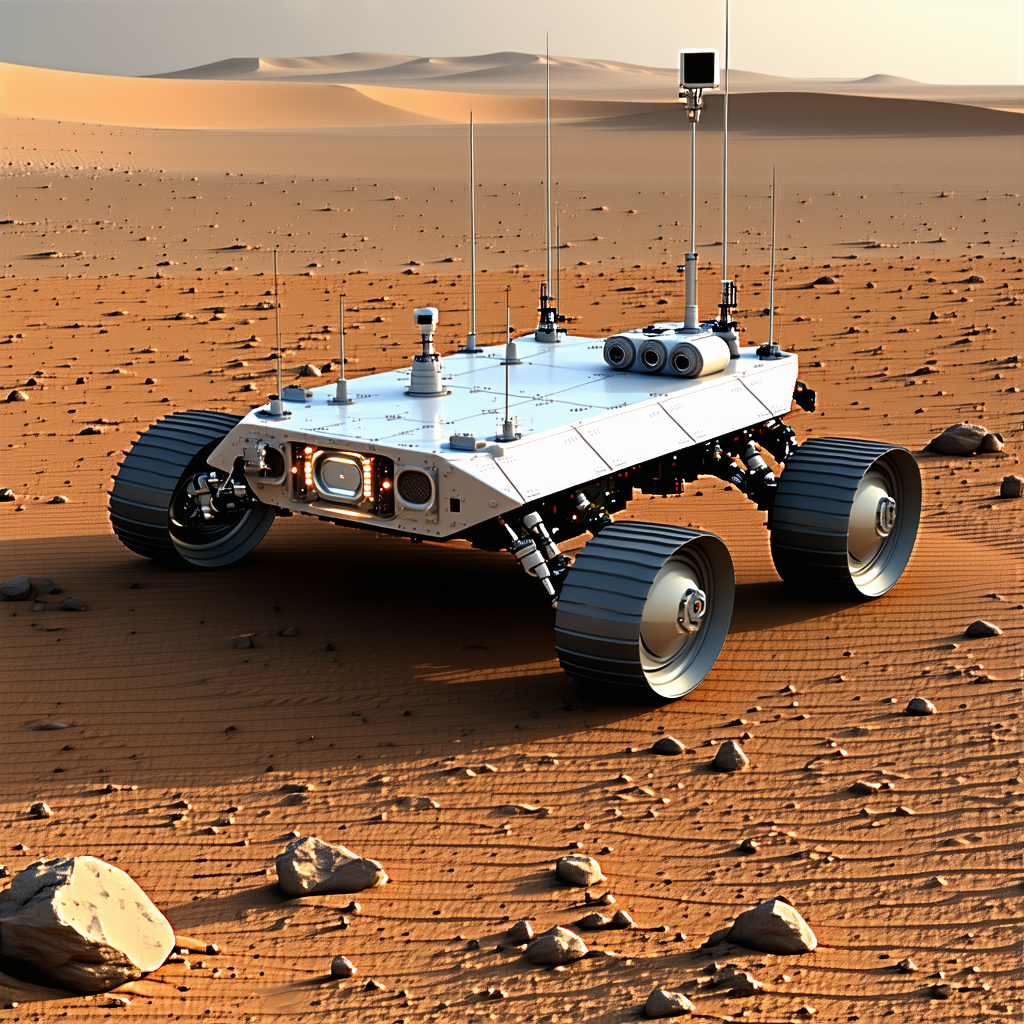 A White Robotic Vehicle, Possibly A Rover, Driving Across A Rocky Terrain