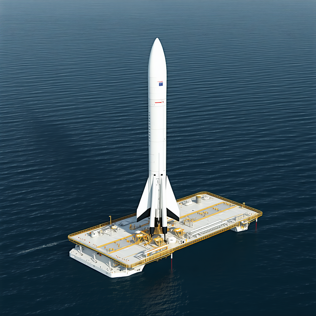 A White Rocket Ship Is Floating On Top Of A Platform In The Ocean