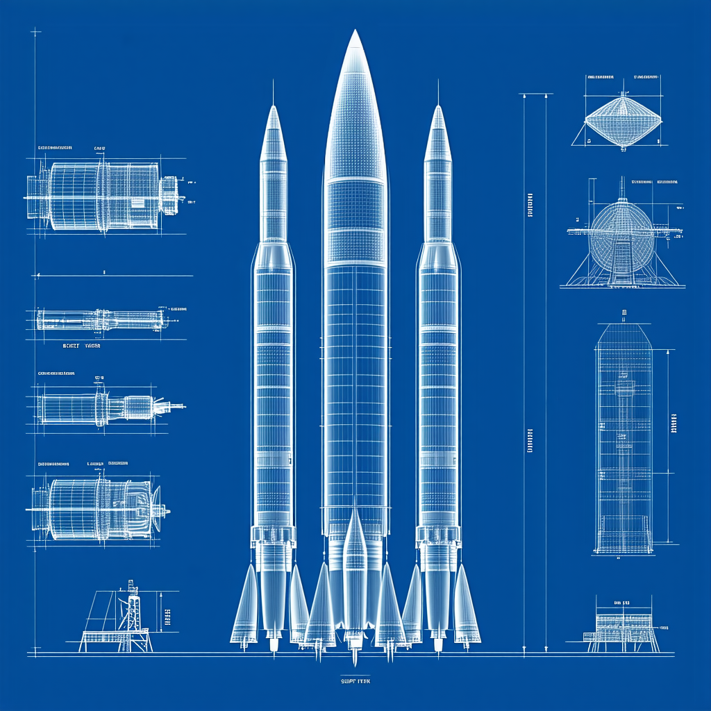 The Image Is A Blue Drawing Of A Rocket Ship, Showing The Different Parts Of The Rocket