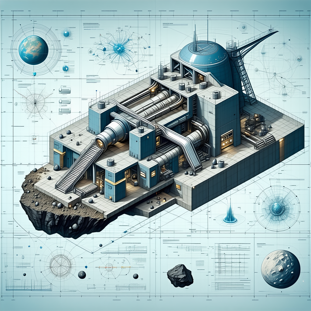 The Image Is A Blueprint Of A Futuristic Building, Possibly A Space Station Or A Factory