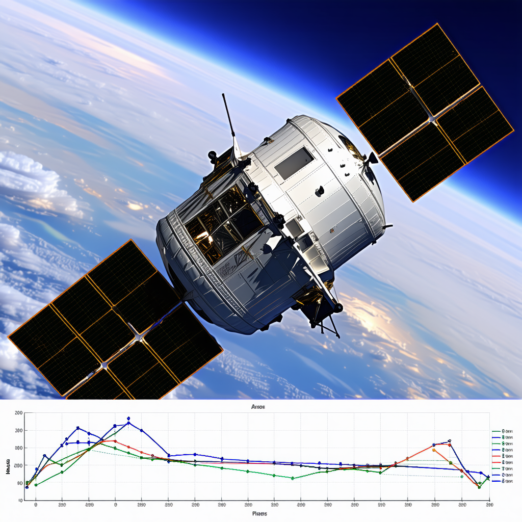 A Space Shuttle Flying Through The Sky, With A Large Satellite Visible In The Background