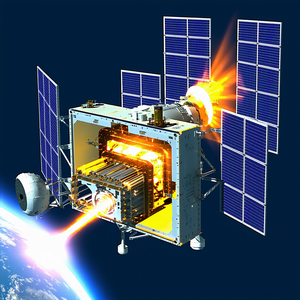 A Spacecraft Is Shown In A Close-up View, With Its Solar Panels And Other Components Clearly Visible