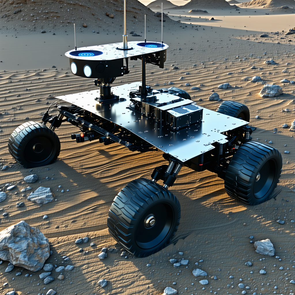 A Robotic Vehicle Is Sitting On A Rocky Surface, Possibly A Desert