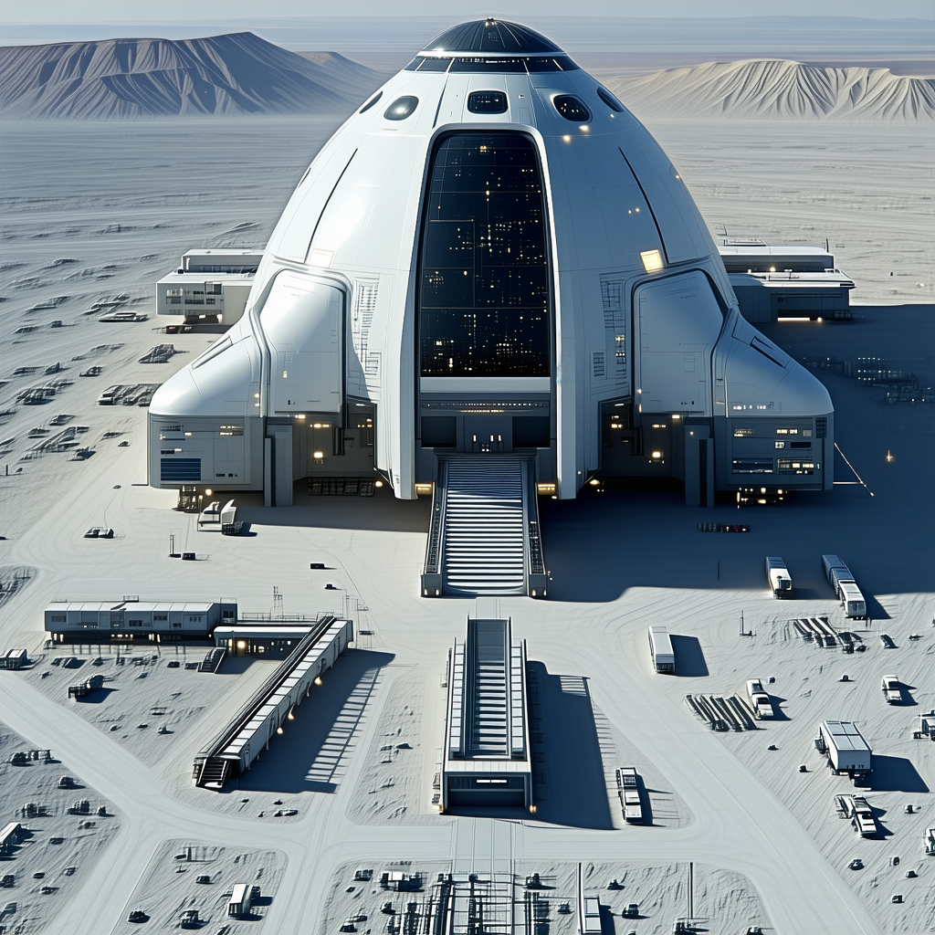 The Image Is A Futuristic Scene Of A Large White Building With A Dome-shaped Roof
