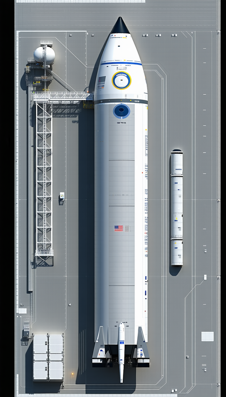 A Large White Rocket Is Parked On A Runway, With A Truck Nearby