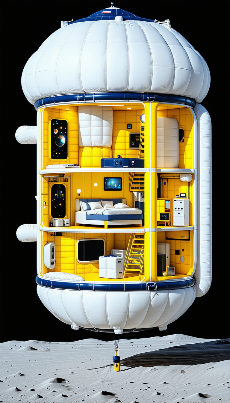 In This Image, There Is A Large, Yellow, And White Spacecraft That Appears To Be A Living Space