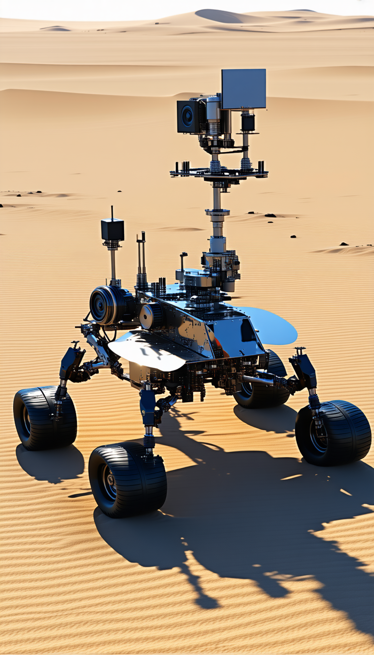 A Futuristic Robotic Vehicle With A Large Dome On Top, Standing On A Sandy Surface