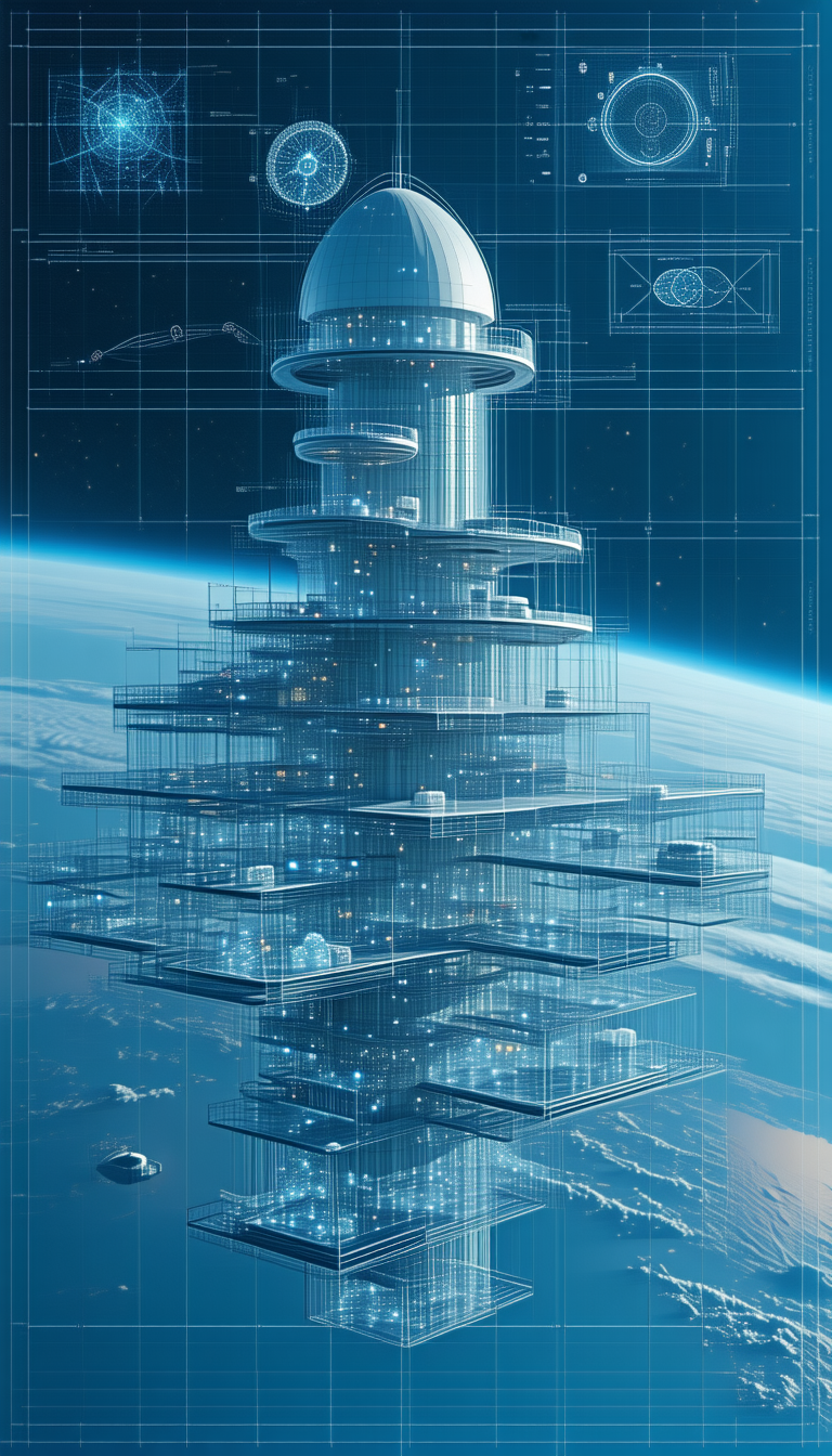 A Futuristic Building Is Shown In A Blue And White Color Scheme