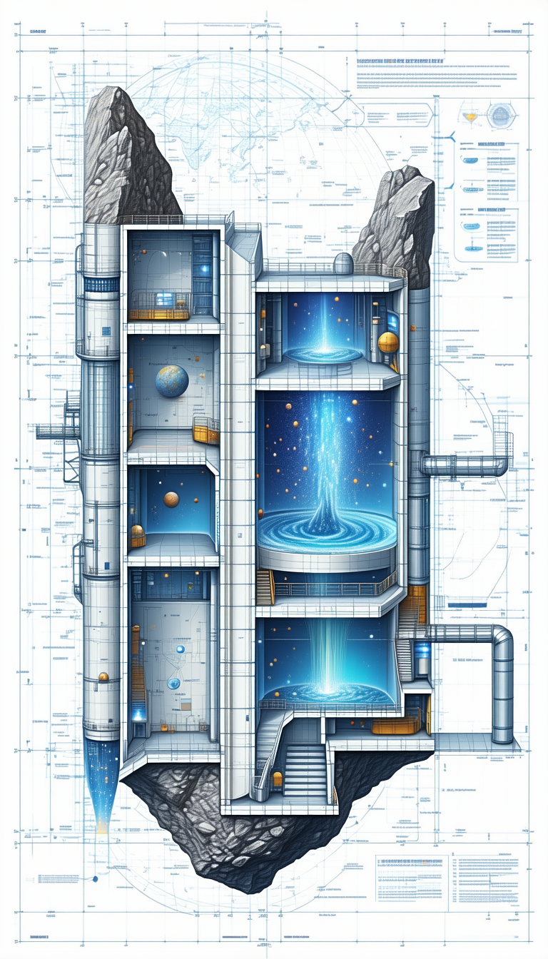 A Large, Futuristic Building Is Depicted In A Blue And White Drawing