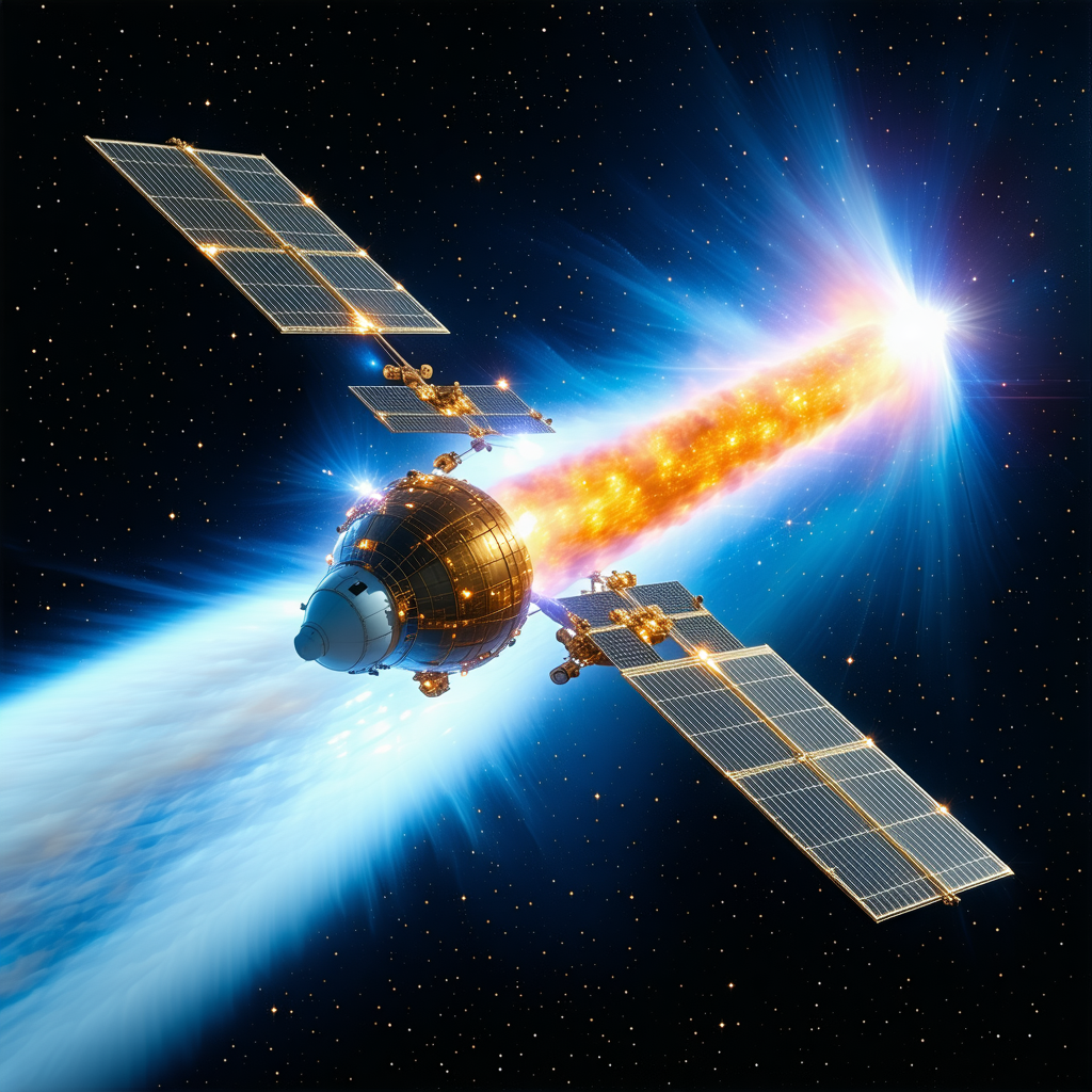In The Image, There Is A Spacecraft With A Large Dome On Top, Flying Through A Blue Sky
