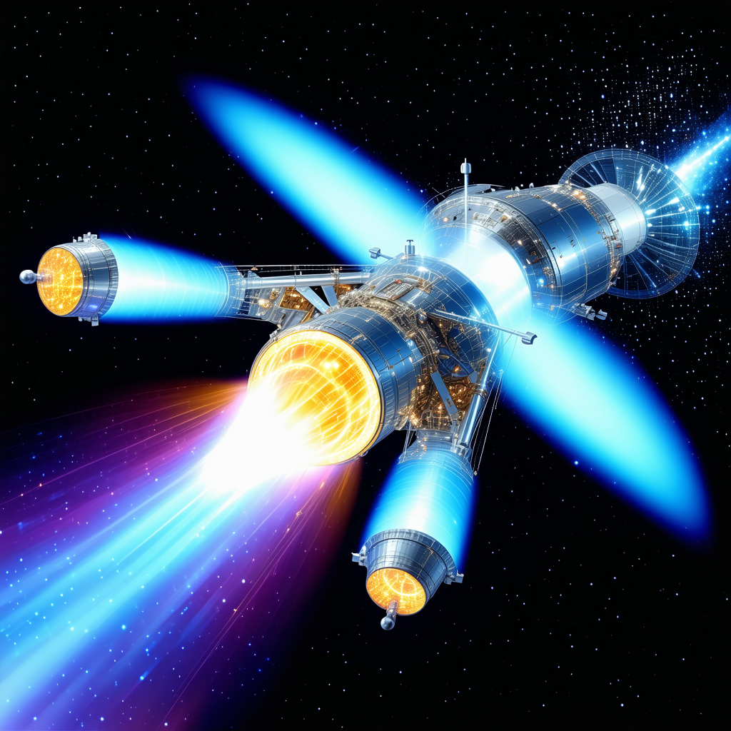 In The Image, There Is A Large Spacecraft With A Blue And Orange Color Scheme