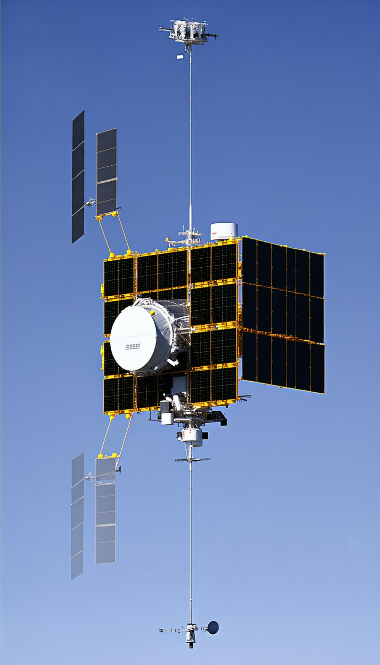 A Large Satellite Is Suspended In The Air, With A Long Antenna Extending From It