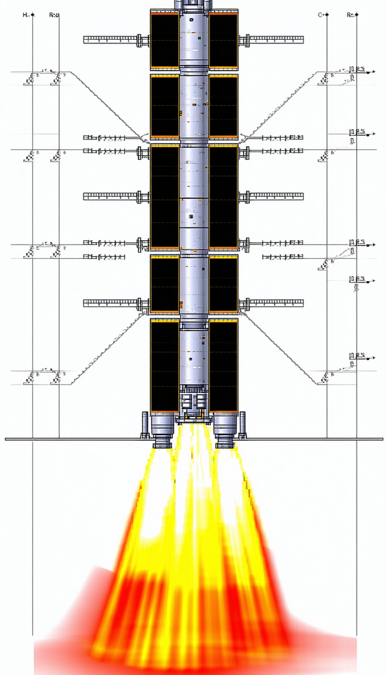 A Rocket Is Shown In A White Drawing, With Its Engine And Fuel Lines Clearly Visible