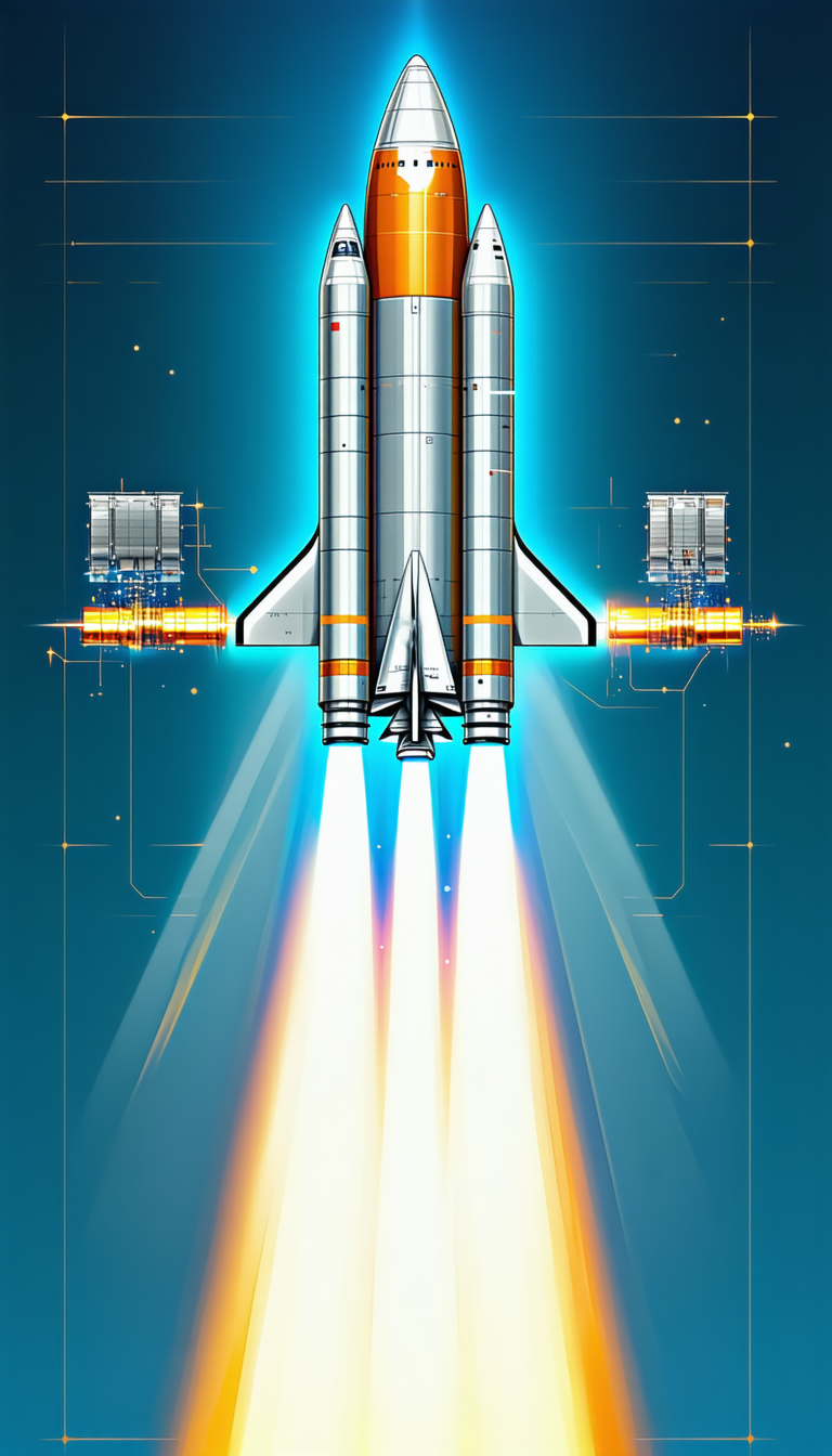 A Rocket Is Shown In A Blue Background, With Its Engine On