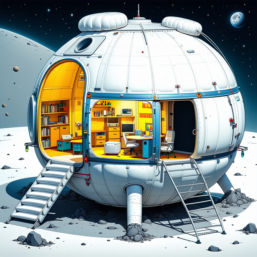 A Large White Space Station With A Yellow Door, Which Is The Main Focus Of The Scene