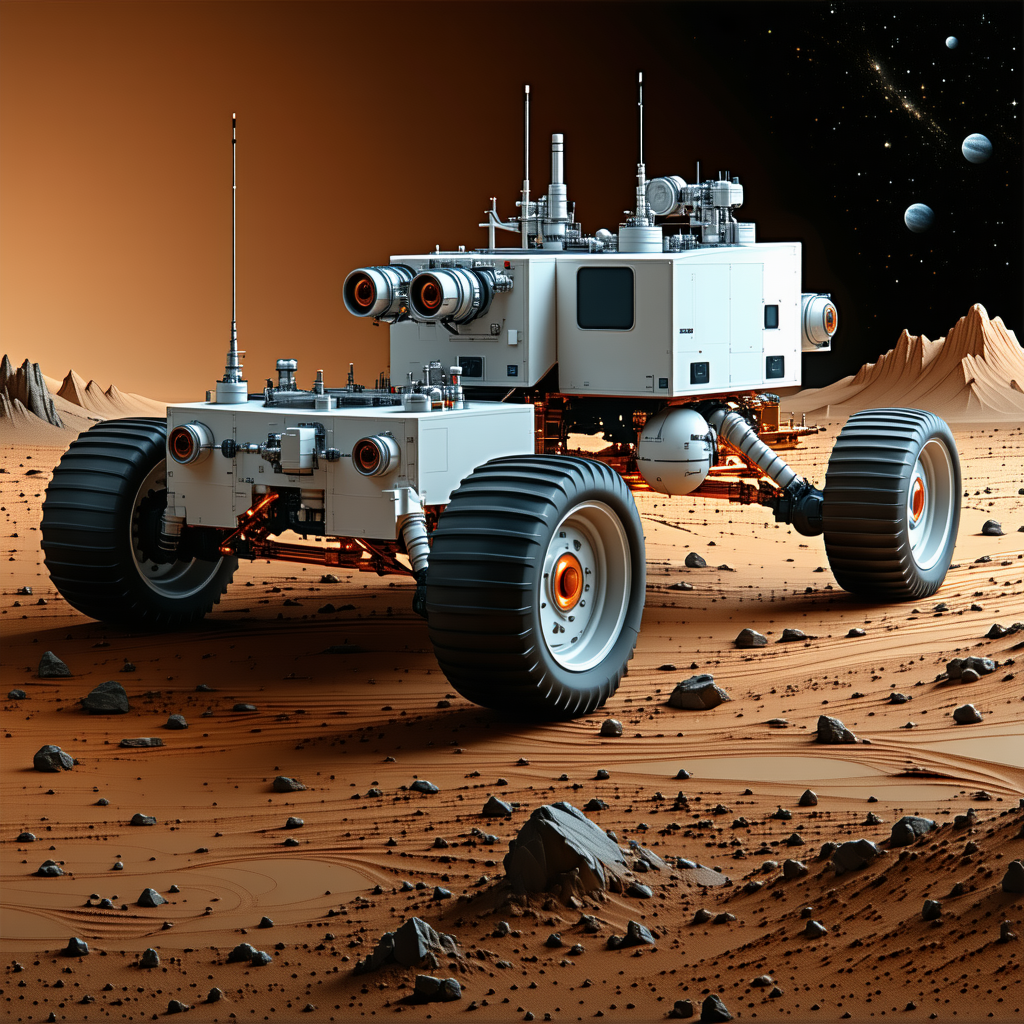 A Futuristic Vehicle Is Driving On A Rocky Surface, Possibly On Mars