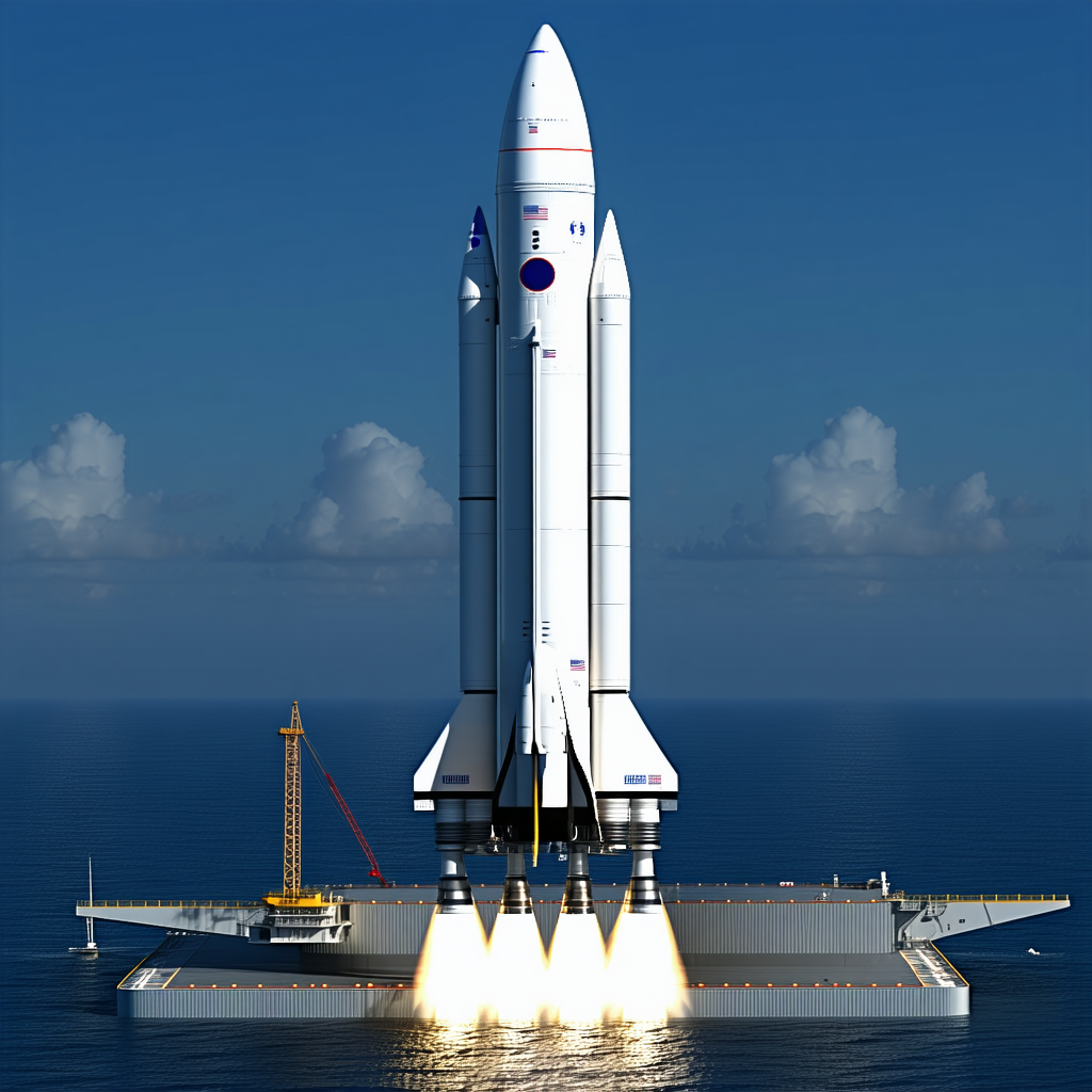 A Large White Space Shuttle Is Docked On A Floating Platform In The Ocean