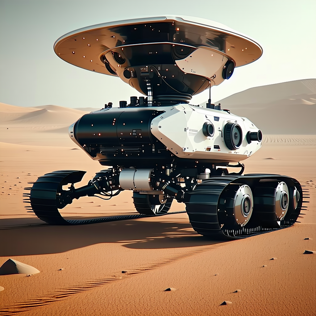 A Large White And Black Robot Is Sitting On A Sandy Surface