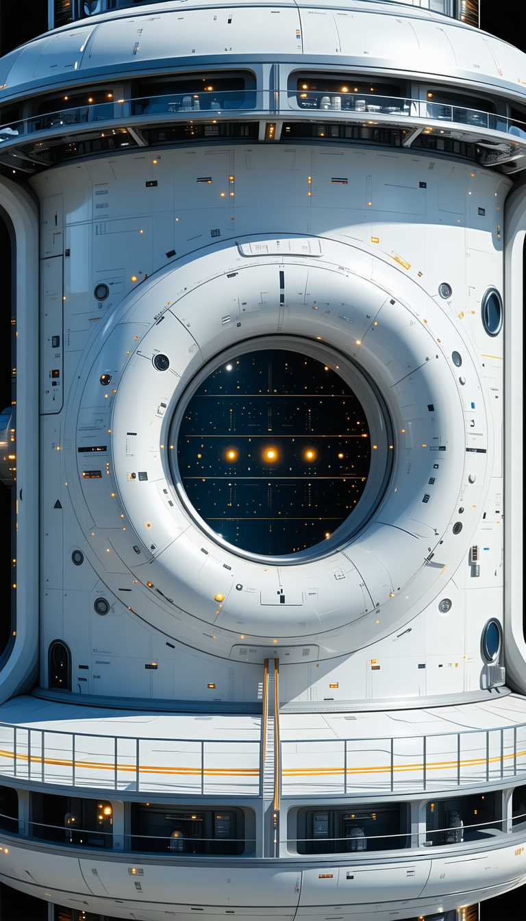 A Large, White, And Futuristic Spacecraft With A Large, Round Window In The Center