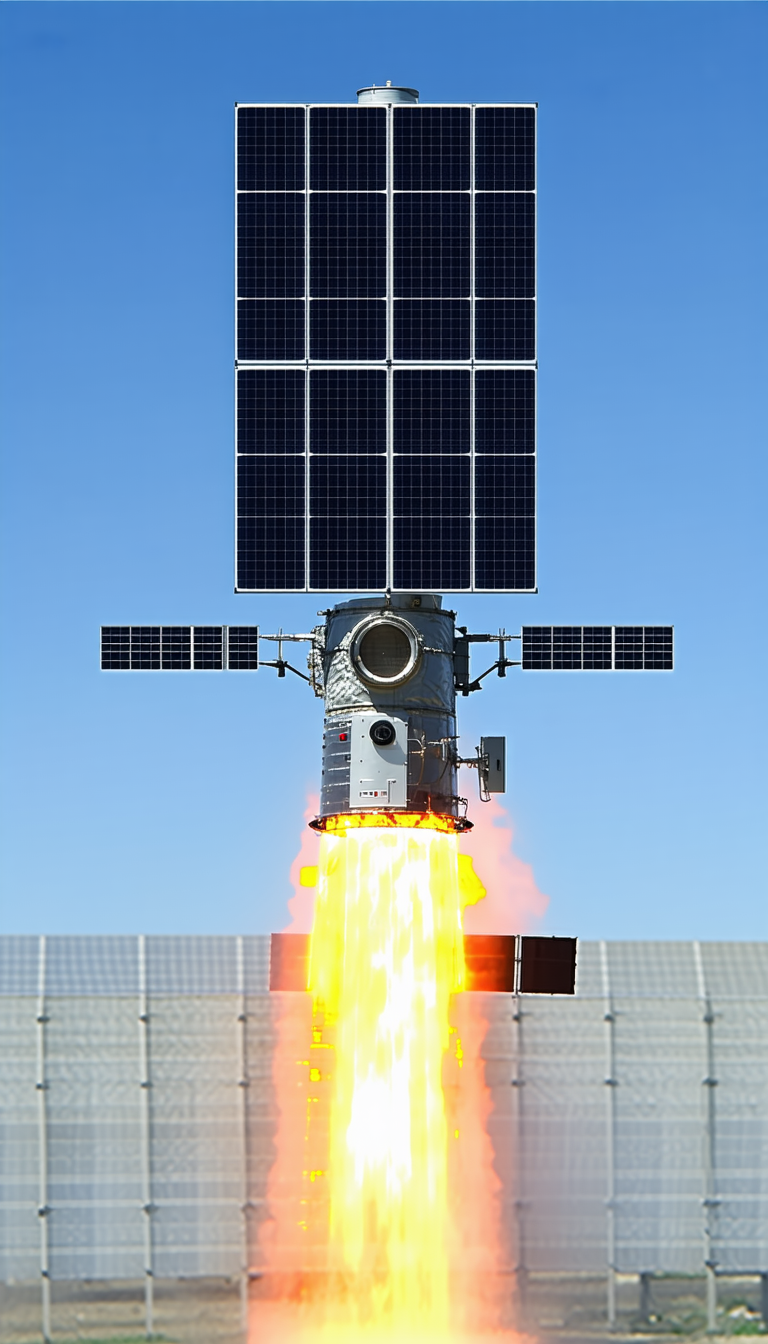 A Space Shuttle With A Solar Panel On Top, Flying Through The Sky