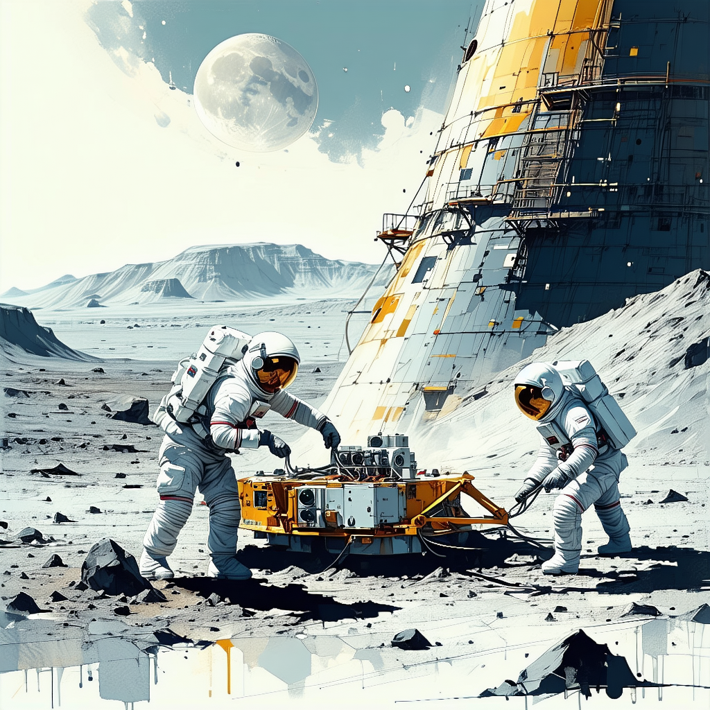 In The Image, There Are Two Astronauts Standing On The Moon, Working On A Space Station