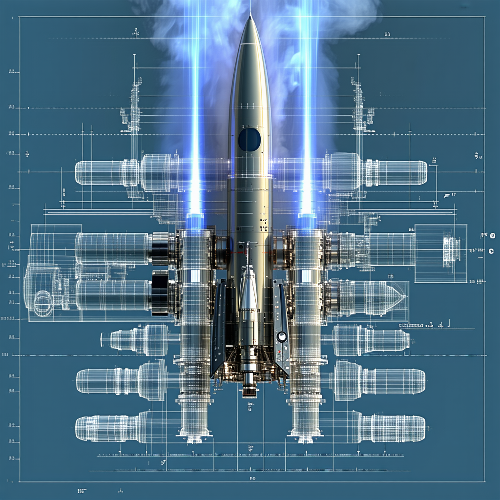 A Rocket Ship Is Shown In A Blue Background, With A Long Line Of Engines On The Bottom