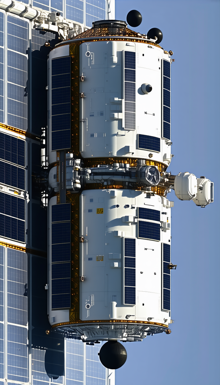 A Large Spacecraft Is Docked To A Space Station, With A Clock On The Side