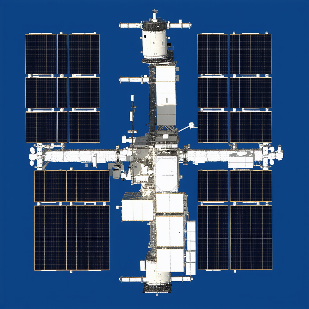 A Large Spacecraft With A White And Blue Color Scheme