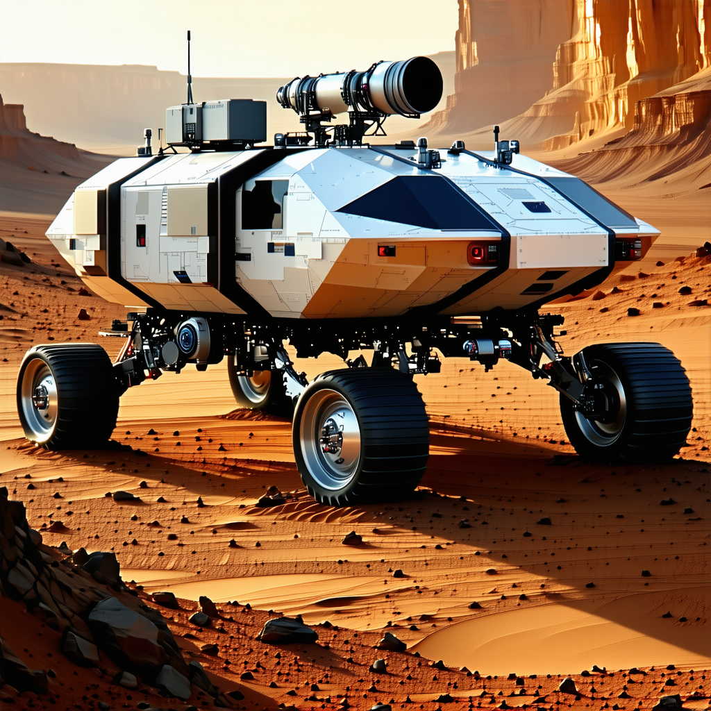 A Futuristic Vehicle, Possibly A Tank Or A Rocket, Parked On A Dirt Road