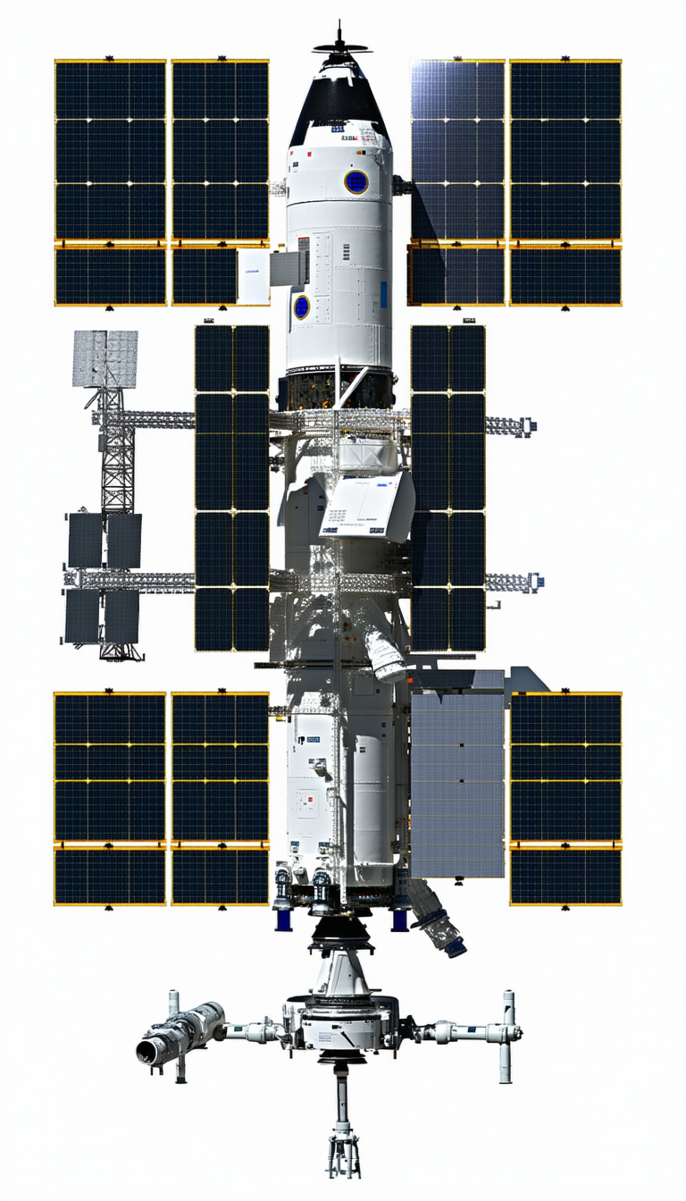 A Large Spacecraft Is Shown In A White And Blue Color Scheme